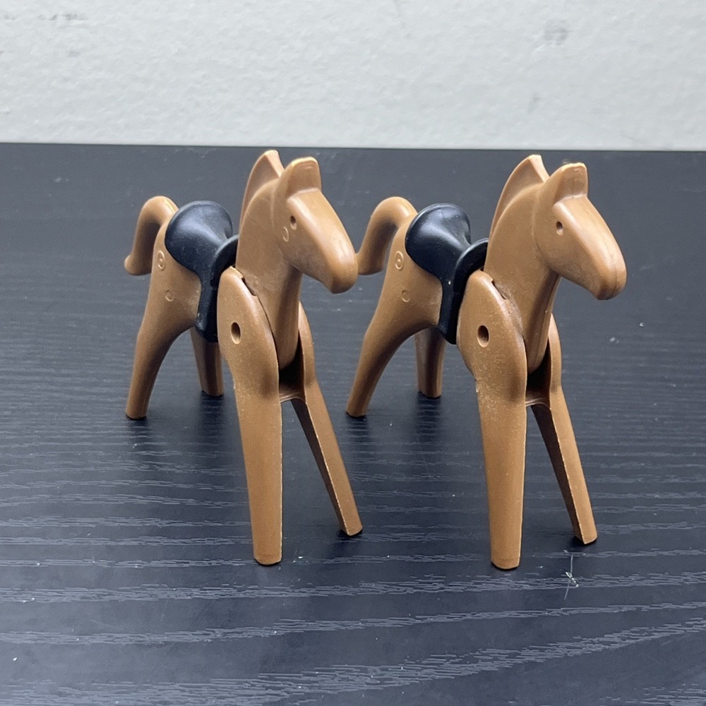 Vintage Playmobil Geobra Horse Lot of 2 Brown Horses w/ Saddles 1974